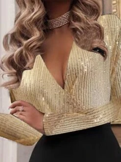Women's Party Dress Sequin Dress Work Dress Knee Length Dress Silver Black Gray Black Long Sleeve Pure Color Sequins Spring Fall Winter V Neck Stylish Party Winter Dress Vacation 2023 S M L XL XXL -Tesla Style aacive1638862999123