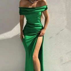 Women‘s Party Dress Black Dress Satin Midi Dress Green Blue Wine Sleeveless Pure Color Split Ruched Spring Summer Off Shoulder Party Party 2023 S M L XL XXL 3XL -Tesla Style aajggb1654570054040