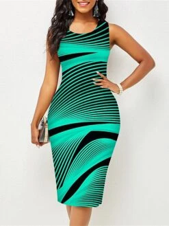 Women's Work Dress Sheath Dress Semi Formal Dress Elegant Midi Dress Print Crew Neck Sleeveless Rainbow Slim White Yellow Blue Summer Spring S M L XL XXL -Tesla Style abhvbf1677122606806