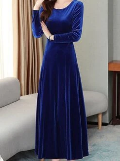 Women's Green Velvet Dress Maxi Long Dress Black Wine Blue Long Sleeve Solid Color Ruched Fall Winter Crew Neck Party Stylish Elegant Party -Tesla Style abkqth1637316074147