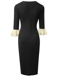 Women's Work Dress Sheath Dress Semi Formal Dress Fashion Midi Dress Lace Up Ruffle Crew Neck Long Sleeve Color Block Regular Fit Black Dark Blue Fall Winter S M L XL XXL -Tesla Style aboezb1693374194733