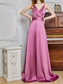 Women's Prom Dress Party Dress Satin Dress Long Dress Maxi Dress Champagne Pink Red Sleeveless Pure Color Backless Spring Fall Winter Spaghetti Strap Fashion Winter Dress Evening Party Wedding Guest -Tesla Style abuayw1692079370844