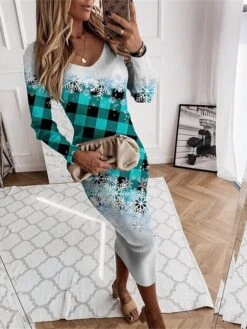 Women's Christmas Dress Sweater Dress Jumper Dress Midi Dress Warm Plaid Snowflake Outdoor Christmas Daily Holiday V Neck Long Sleeve 2023 Regular Fit Wine Blue Sky Blue S M L XL XXL 3XL -Tesla Style accbxx1697450381948