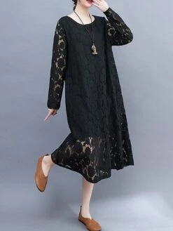 Women's Work Dress Lace Dress Black Dress Fashion Midi Dress Lace Pocket Crew Neck Long Sleeve Plain Loose Fit Black White Pink Fall M L XL XXL 3XL -Tesla Style achtgz1693281255088