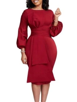 Women's Party Dress Work Dress Sheath Dress Midi Dress Black White Red Long Sleeve Pure Color Ruffle Spring Fall Winter Crew Neck Fashion 2023 S M L XL 2XL 3XL -Tesla Style acoozq1671604450222