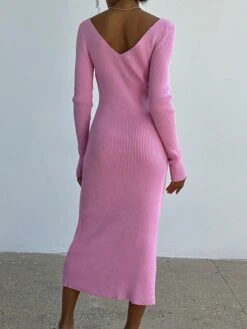 Women's Sweater Dress Jumper Dress Casual Dress Midi Dress Fashion Pure Color Outdoor Vacation Going Out V Neck Long Sleeve 2023 Regular Fit Black Pink Blue S M L -Tesla Style acrpzs1697538591253