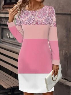 Women's Casual Dress Sweatshirt Dress Mini Dress Active Fashion Outdoor Holiday Vacation Crew Neck Print Floral Striped Loose Fit Pink Purple Orange S M L XL XXL -Tesla Style adbanc1696760630591