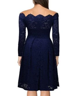 Women‘s Party Dress Homecoming Dress Lace Dress Midi Dress Black Wine Dusty Blue Long Sleeve Pure Color Lace Fall Spring Off Shoulder Elegant Winter Dress Wedding Guest 2023 -Tesla Style adbxka1603105992256