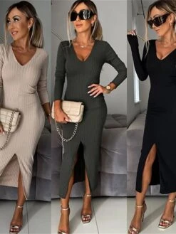 Women's Sweater Dress Jumper Dress Casual Dress Midi Dress Fashion Plain Outdoor Daily Vacation Going Out V Neck Long Sleeve 2023 Regular Fit Black Green Khaki S M L XL XXL -Tesla Style adjuax1694427590118
