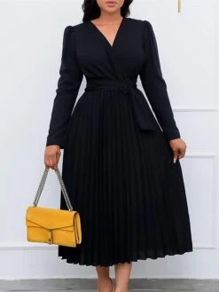 Women's Work Dress Sheath Dress Swing Dress Fashion Winter Dress Office Daily Midi Dress Lace Up Pleated V Neck Long Sleeve Plain Regular Fit Black Yellow Pink Fall Winter S M L XL XXL -Tesla Style adnyrb1695027366979