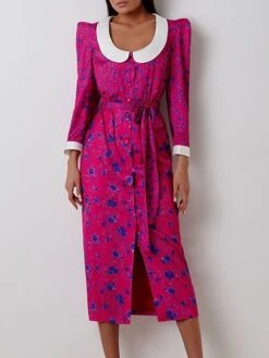 Women's Work Dress Casual Dress Shift Dress Fashion Winter Dress Daily Midi Dress Lace Up Patchwork Shirt Collar Long Sleeve Floral Color Block Regular Fit Pink Red Fall Winter S M L -Tesla Style adtybx1695645257183