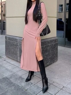 Women's Sweater Dress Jumper Dress Casual Dress Midi Dress Fashion Pure Color Outdoor Daily Vacation Going Out Turtleneck Long Sleeve 2023 Regular Fit Pink Green S M L -Tesla Style aenalc1695643224931