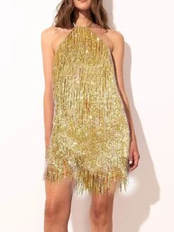 Women‘s Party Dress Fringe Dress Sequin Dress Homecoming Dress Mini Dress Purple Gold Sleeveless Pure Color Sparkly Glitter Sequins Spring Fall Winter Halter Neck Fashion Wedding Guest Birthday -Tesla Style aepuzk1692689916178