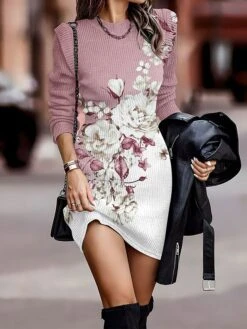 Women's Sweater Dress Jumper Dress Casual Dress Mini Dress Warm Floral Outdoor Daily Vacation Going Out Crew Neck Long Sleeve 2023 Regular Fit Pink Blue Green S M L XL XXL 3XL -Tesla Style aevtjv1693972125027