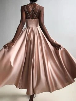 Women's Party Dress Satin Dress Swing Dress Midi Dress Black Champagne Red Sleeveless Pure Color Backless Summer Spring Deep V Fashion Party Summer Dress Spring Dress 2023 S M L XL -Tesla Style aezfla1656913850036