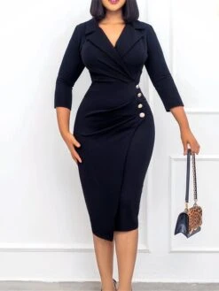 Women's Work Dress Blazer Dress Sheath Dress Fashion Winter Dress Office Daily Midi Dress Ruched Button Shirt Collar Long Sleeve Plain Regular Fit Black Red Green Fall Winter S M L XL XXL -Tesla Style afkibn1695267070014