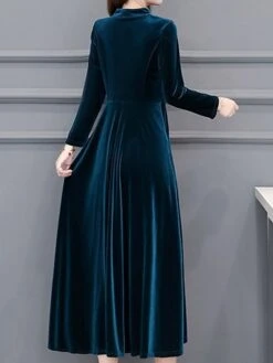 Women‘s Party Dress Wedding Guest Dress Velvet Dress Work Dress Midi Dress Black Wine Royal Blue Long Sleeve Pure Color Ruched Winter Fall Spring V Neck Fashion Spring Dress 2023 M L XL 2XL 3XL 4XL -Tesla Style aflltn1671789633606