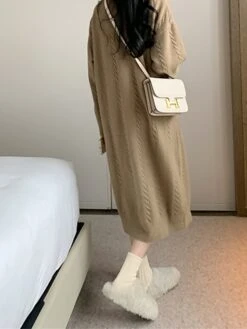 Women's Sweater Dress Jumper Dress Casual Dress Midi Dress Fashion Pure Color Outdoor Daily Vacation Going Out Lapel Long Sleeve Patchwork Button 2023 Regular Fit White Camel One Size -Tesla Style afyskf1695280924098
