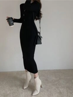Women‘s Sweater Dress Winter Dress Sheath Dress Midi Dress Black White Green Long Sleeve Pure Color Button Fall Winter Autumn V Neck Stylish Winter Dress Fall Dress 2023 One-Size -Tesla Style agdfsh1665656618310