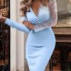 Women's Lace Dress Work Dress Bodycon Mini Dress Light Blue Long Sleeve Polka Dot Lace Summer Spring Deep V Fashion Office 2023 S M L XL -Tesla Style agifok1670922963694