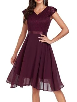 Women's Party Dress Lace Dress Cocktail Dress Midi Dress Pink Wine Navy Blue Short Sleeve Pure Color Lace Spring Fall Winter V Neck Fashion Winter Dress Wedding Guest Vacation 2023 S M L XL XXL -Tesla Style agkqrm1692179084237