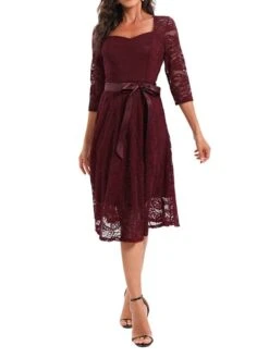 Women's Party Dress Lace Dress Vintage Dress Midi Dress Black Wine Navy Blue 3/4 Length Sleeve Pure Color Lace Summer Spring Fall Square Neck Fashion Wedding Guest Birthday Vacation 2023 S M L XL XXL -Tesla Style agnvio1671444175364