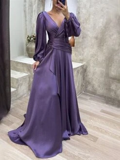 Women's Prom Dress Party Dress Satin Dress Long Dress Maxi Dress Wine Purple Green Long Sleeve Pure Color Lace Up Fall Winter Autumn V Neck Fashion Winter Dress Evening Party Vacation 2023 S M L XL -Tesla Style agnwfo1694596884101