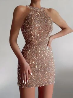 Women's Party Dress Sequin Dress Homecoming Dress Mini Dress Black White Champagne Sleeveless Pure Color Sequins Summer Spring Halter Neck Fashion 2023 S M L XL XXL -Tesla Style agpsky1655866490534