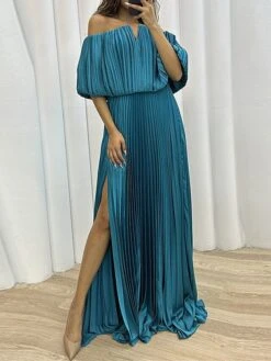 Women's Prom Dress Party Dress Satin Dress Long Dress Maxi Dress Black Yellow Wine Half Sleeve Pure Color Pleated Spring Fall Winter Off Shoulder Fashion Wedding Guest Birthday Evening Party 2023 S M -Tesla Style ahgqqc1696926220568
