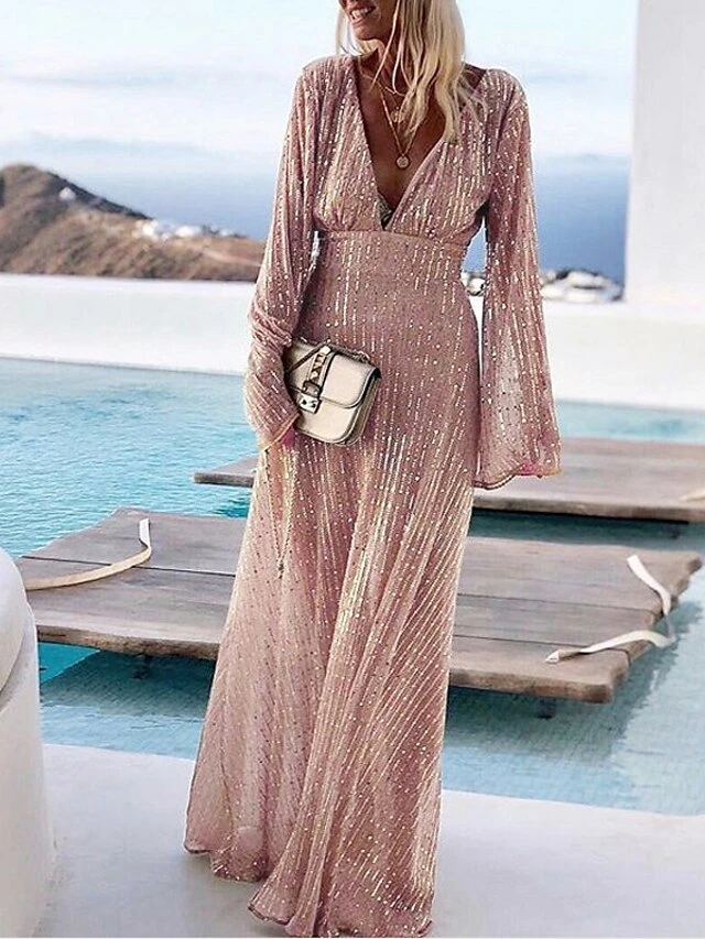 Women‘s A Line Dress Wedding Guest Maxi Long Dress Beige Long Sleeve Solid Color Sequins Fall Winter V Neck Stylish Elegant Formal Party 2023 S M L XL / Party Dress 3 Women‘s A Line Dress Wedding Guest Maxi Long Dress Beige Long Sleeve Solid Color Sequins Fall Winter V Neck Stylish Elegant Formal Party 2023 S M L XL / Party Dress