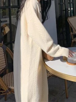 Women's Sweater Dress Jumper Dress Casual Dress Midi Dress Fashion Pure Color Outdoor Daily Vacation Going Out Lapel Long Sleeve Patchwork Button 2023 Regular Fit White Camel One Size -Tesla Style aieknd1695280921128