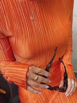 Women's Work Dress Sheath Dress Semi Formal Dress Fashion Daily Workfashion Long Dress Maxi Dress Ruched Pleated Crew Neck Long Sleeve Plain Slim Black Orange Fall Winter S M L -Tesla Style aifkgh1695645280318