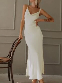 Women's Party Dress Satin Dress White Dress Long Dress Maxi Dress Red Blue Lavender Sleeveless Pure Color Ruched Summer Spring Fall V Neck Fashion Party Birthday Wedding Guest 2022 S M L XL XXL -Tesla Style aiouyp1666100899731