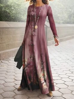 Women's Work Dress Casual Dress A Line Dress Fashion Winter Dress Daily Long Dress Maxi Dress Print Crew Neck Long Sleeve Floral Ombre Regular Fit Blue Fuchsia Green Fall Winter S M L XL XXL -Tesla Style aixxov1694490797876