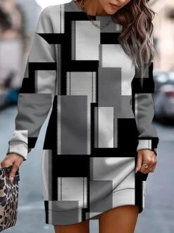 Women's Casual Dress Sweatshirt Dress Mini Dress Warm Fashion Outdoor Holiday Vacation Crew Neck Print Geometric Loose Fit Black Pink Burgundy S M L XL XXL -Tesla Style ajenoy1692942752222