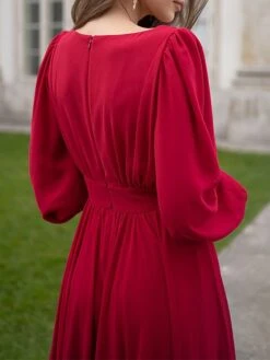 Women's Party Dress Cocktail Dress Wedding Guest Dress Long Dress Maxi Dress Wine Long Sleeve Pure Color Ruched Fall Winter Autumn V Neck Fashion Winter Dress Wedding Guest Birthday 2023 S M L XL -Tesla Style ajmjtp1696077527404