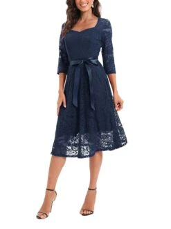 Women's Party Dress Lace Dress Vintage Dress Midi Dress Black Wine Navy Blue 3/4 Length Sleeve Pure Color Lace Summer Spring Fall Square Neck Fashion Wedding Guest Birthday Vacation 2023 S M L XL XXL -Tesla Style ajxfgq1671444179514