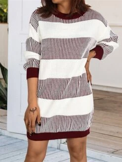 Women's Sweater Dress Winter Dress Jumper Dress Mini Dress Patchwork Outdoor Street Daily Fashion Streetwear Crew Neck Long Sleeve 2023 Loose Fit Wine Khaki Dark Blue Color S M L Size -Tesla Style akmvlb1692095288249