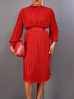 Women's Work Dress Casual Dress Black Dress Fashion Office Daily Workfashion Midi Dress Lace Up Pleated Crew Neck Long Sleeve Plain Regular Fit Black White Red Fall Winter S M L XL XXL -Tesla Style akrqkj1695645189887