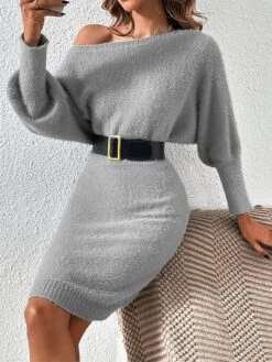 Women's Sweater Dress Winter Dress Jumper Dress Midi Dress Patchwork Street Daily Date Fashion Streetwear Crew Neck Long Sleeve 2023 Slim Black White Khaki Color S M L XL Size -Tesla Style akzmpv1692095369016