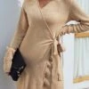 Women's Sweater Dress Jumper Dress Casual Dress Mini Dress Fashion Pure Color Outdoor Daily Vacation Going Out V Neck Long Sleeve Lace Up Patchwork 2023 Regular Fit Pink Khaki Dark Gray S M L XL