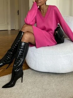 Women's Sweater Dress Jumper Dress Casual Dress Midi Dress Warm Pure Color Outdoor Casual Daily Going Out V Neck Long Sleeve 2023 Loose Fit Black Rose Red S M L -Tesla Style albyaj1694586607667