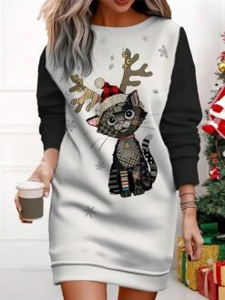 Women's Christmas Casual Dress Sweatshirt Dress Mini Dress Warm Fashion OutdoorVacation Crew Neck Print Animal Loose Fit Black Yellow Red S M L XL XXL -Tesla Style alhazx1695365428558