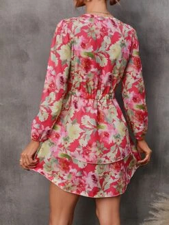 Women's Work Dress Semi Formal Dress Wrap Dress Fashion Mini Dress Ruffle Layered V Neck Long Sleeve Floral Regular Fit Red Purple Orange Fall S M L XL XXL -Tesla Style aljqgd1693300623567