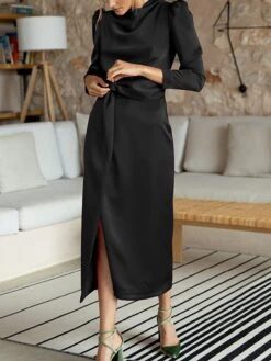 Women's Work Dress Satin Dress Semi Formal Dress Fashion Long Dress Maxi Dress Split Stand Collar Long Sleeve Plain Regular Fit Black Blue Sky Blue Fall Winter S M L XL -Tesla Style alsest1692761654181