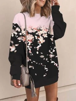 Women's Casual Dress Sweatshirt Dress Mini Dress Warm Fashion Outdoor Vacation Going Out Crew Neck Print Floral Loose Fit Yellow Pink Blue S M L XL XXL -Tesla Style ambcko1694069055346