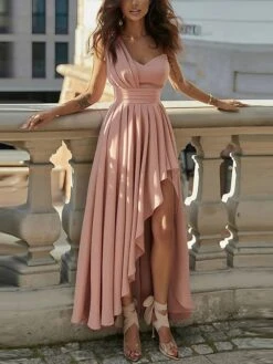 Women's Party Dress Homecoming Dress Wedding Guest Dress Long Dress Maxi Dress Pink Sleeveless Pure Color Pleated Summer Spring One Shoulder Party Birthday Wedding Guest Vacation Slim 2023 S M L XL