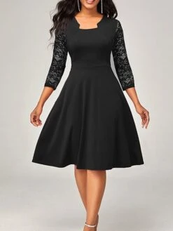 Women's Work Dress Party Dress Swing Dress Fashion Lace Sleeve Midi Dress Lace Square Neck 3/4 Length Sleeve Plain Slim Black Wine Red Summer Spring S M L XL XXL -Tesla Style amhngk1679467853469