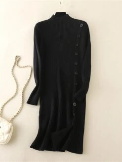 Women's Sweater Dress Jumper Dress Winter Dress Mini Dress Warm Plain Outdoor Daily Vacation Going Out Turtleneck Long Sleeve Button 2023 Slim Black Brown Khaki One Size -Tesla Style amnpkj1697767798614