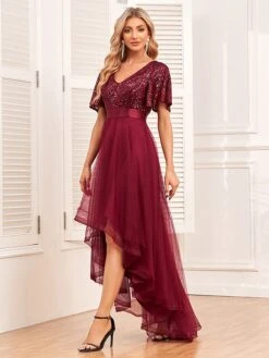 Women‘s Christmas Party Dress Sequin Dress Red Dress Long Dress Maxi Dress Wine Short Sleeve Pure Color Mesh Sparkly Glitter Summer Spring Fall V Neck Fashion Wedding Guest Summer Dress Loose -Tesla Style amrcrx1693983263408
